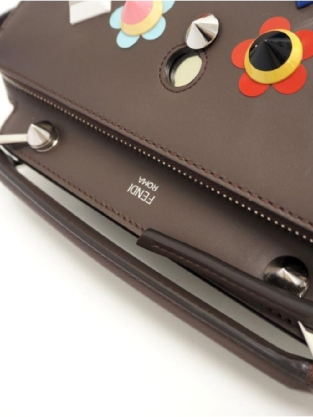 Fendi Authentic Brown Floral Studded Dotcom Leather Bag with Accents GC - Picture 4 of 9